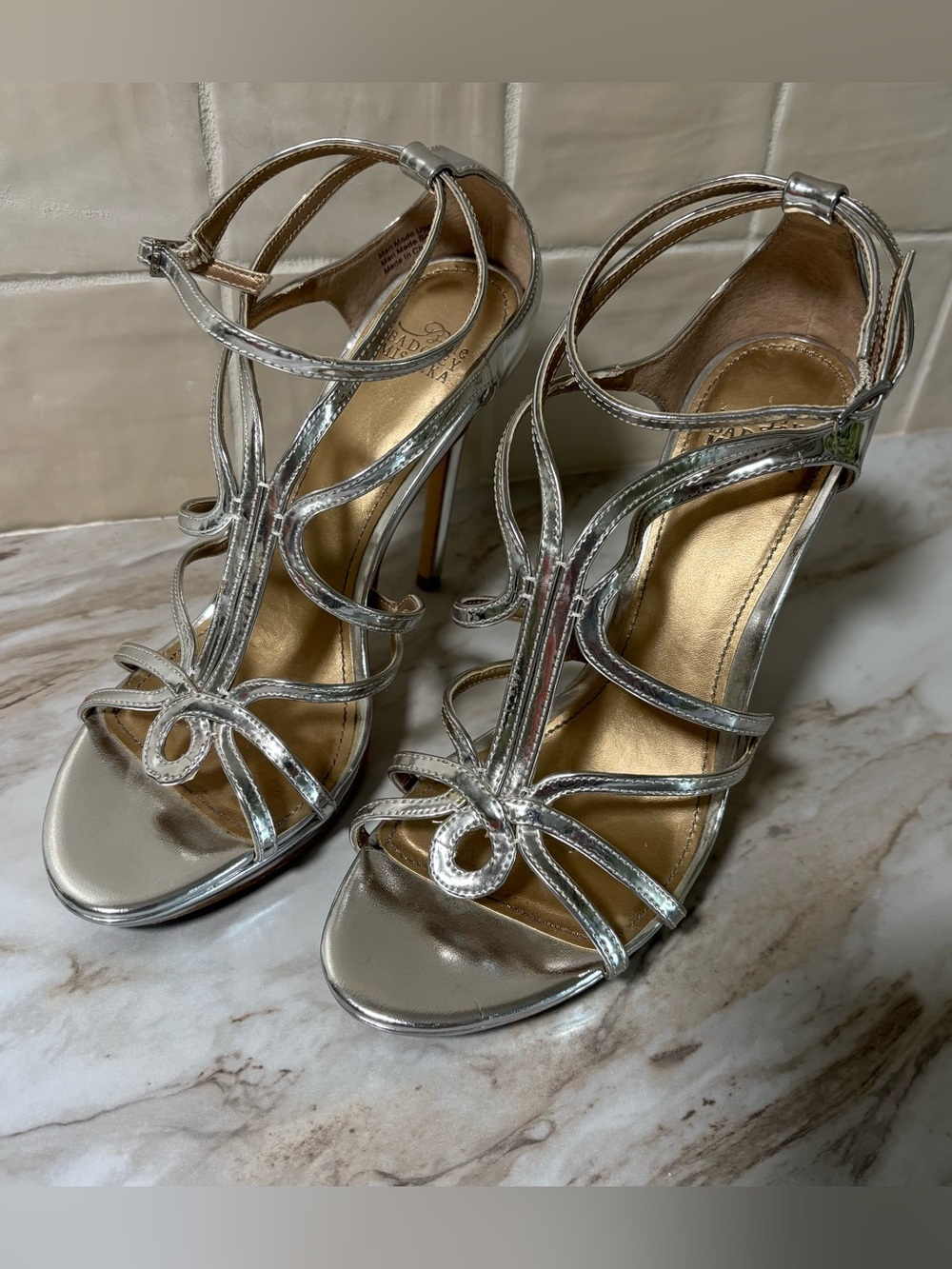 Belle Badgley Mischka-Strapy Metallic Silver with a gold-tone interior